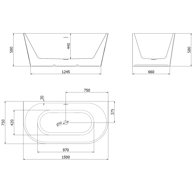 Mexen Oris laisvai pastatoma prie sienos banguota vonia 150 x 75 cm, balta, baltas persipylimas - 52871507500-20