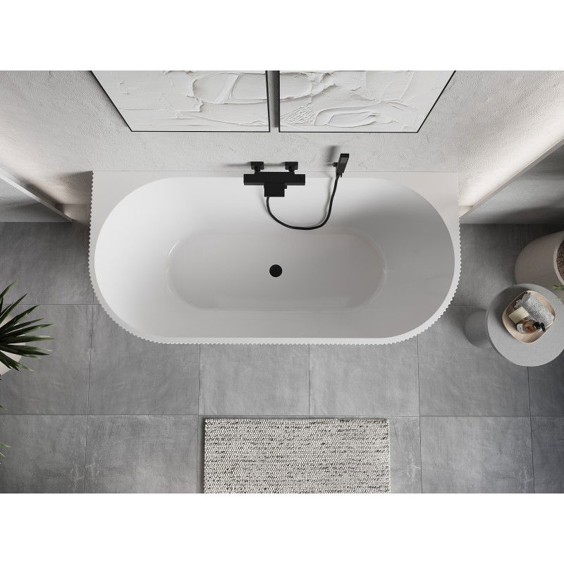 Mexen Oris laisvai stovinti šoninė vonia rifliuota 150 x 75 cm, balta/pilka, juodas persipylimas - 52871507562-70