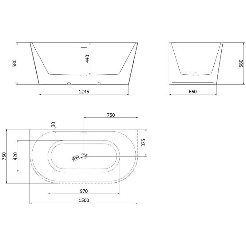 Mexen Oris laisvai stovinti prie sienos rifliuota vonia 150 x 75 cm, balta/juoda, baltas persipylimas - 52871507575-20
