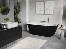 Mexen Oris laisvai stovinti sieninė vonia rifliuota 150 x 75 cm, balta/juoda, persipylimas auksinis šlifuotas - 52871507575-55