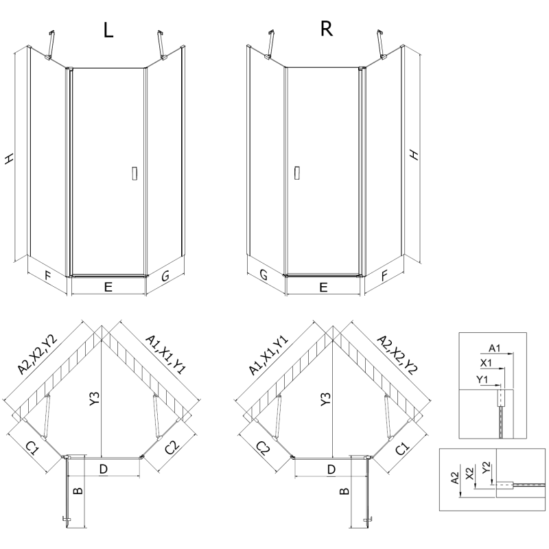 Mexen Mist penkiakampė asimetriška dešininė dušo kabina 80 x 100 cm, juodas tinklelis, juoda - 8A8-080-100-70-77-L