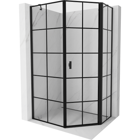 Mexen Mist asimetriška penkiakampė dušo kabina, atidaroma dešinėje 80 x 90 cm, juodas tinklelis, juoda