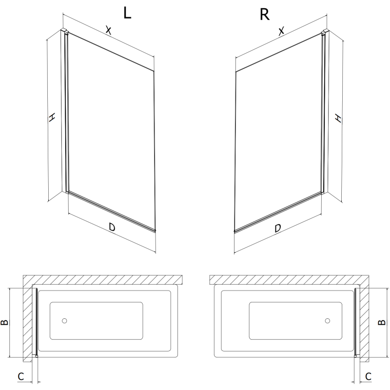Mexen Mist vonios ekrano kairysis vienasparnis 60 x 150 cm, juoda grotelė, juodas - 8A9-060-001-70-77-L