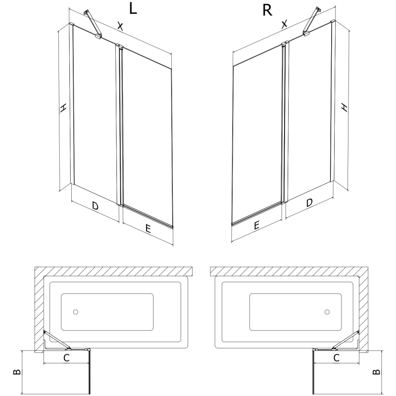 Mexen Mist vonios ekranas, 2-duris, kairysis 120 x 150 cm, juodas rėmelis, juoda - 8A9-120-011-70-70-L