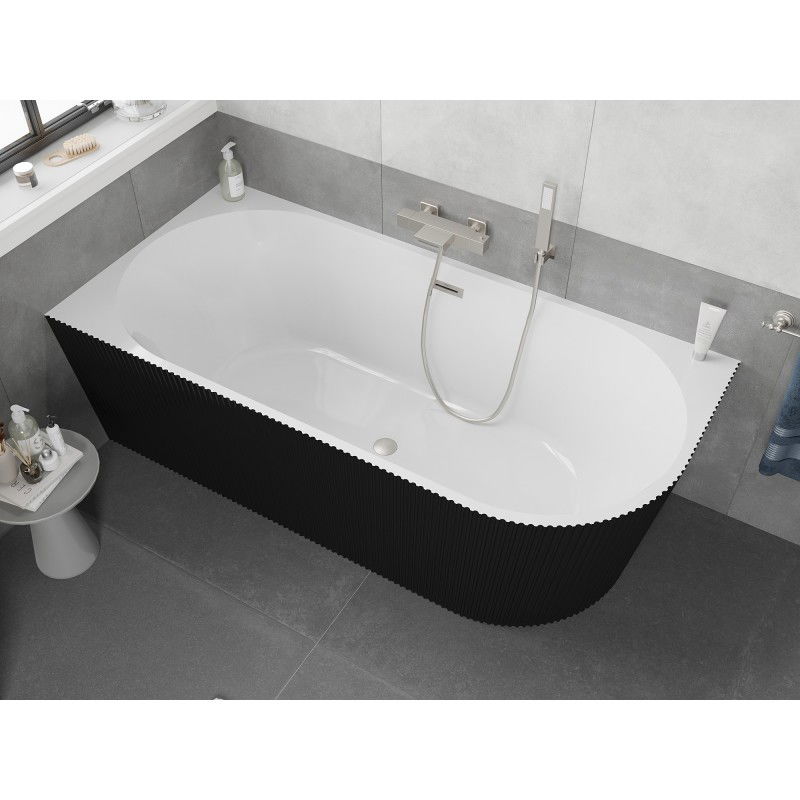 Mexen Silo freestanding corner left fluted bathtub 150 x 75 cm, white/black, brushed nickel overflow - 52891507575L-97