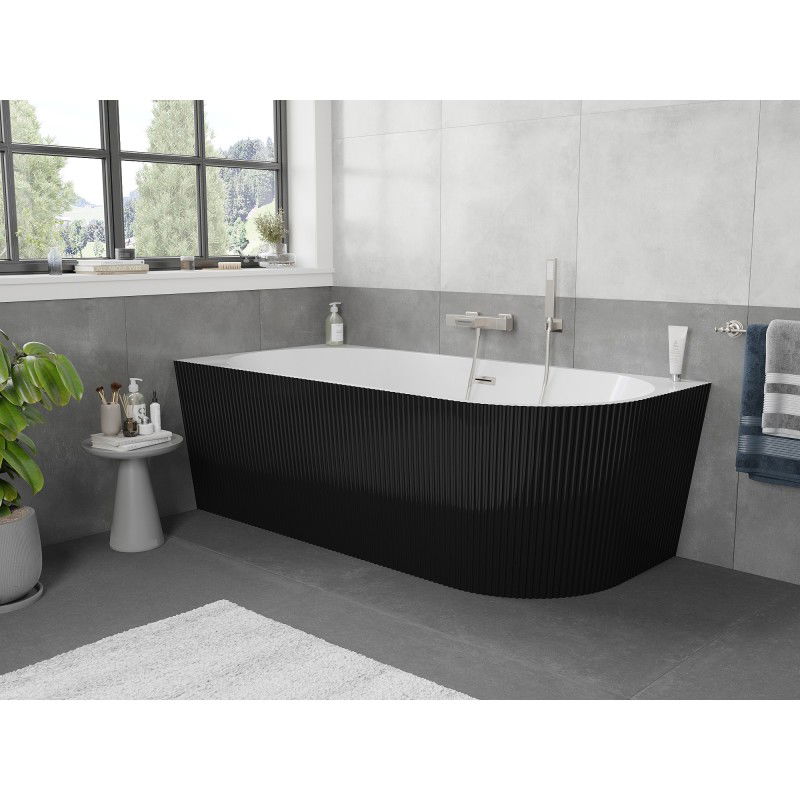 Mexen Silo freestanding corner left fluted bathtub 150 x 75 cm, white/black, brushed nickel overflow - 52891507575L-97