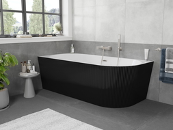 Mexen Silo freestanding corner left fluted bathtub 150 x 75 cm, white/black, brushed nickel overflow - 52891507575L-97