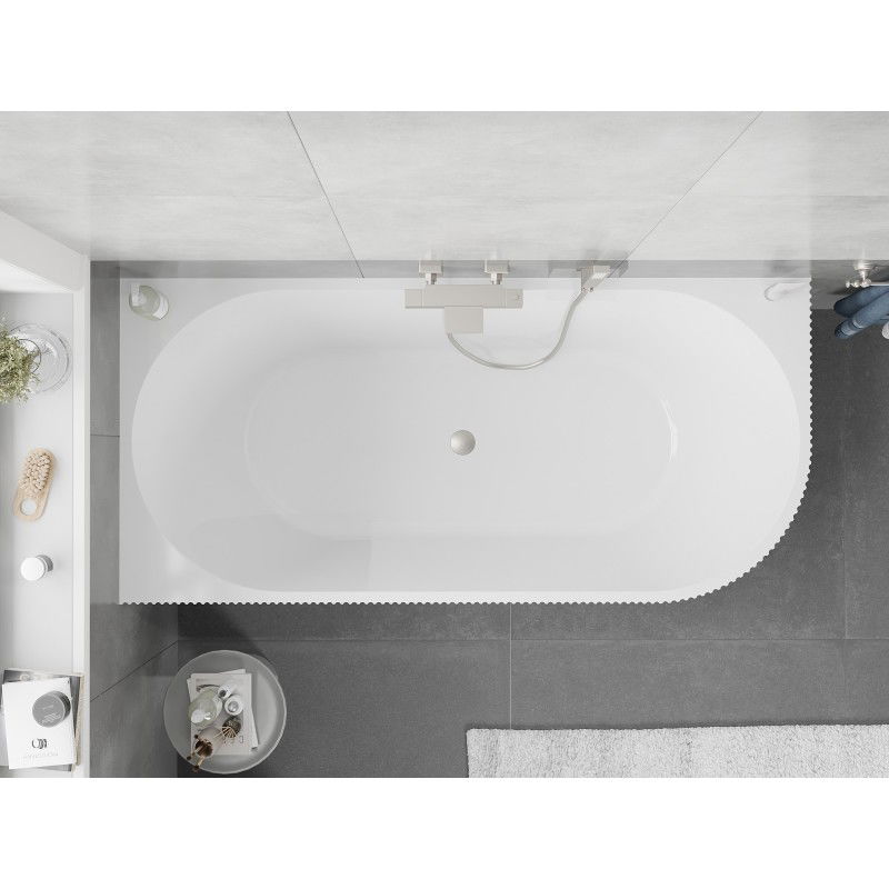Mexen Silo freestanding corner left fluted bathtub 150 x 75 cm, white/black, brushed nickel overflow - 52891507575L-97