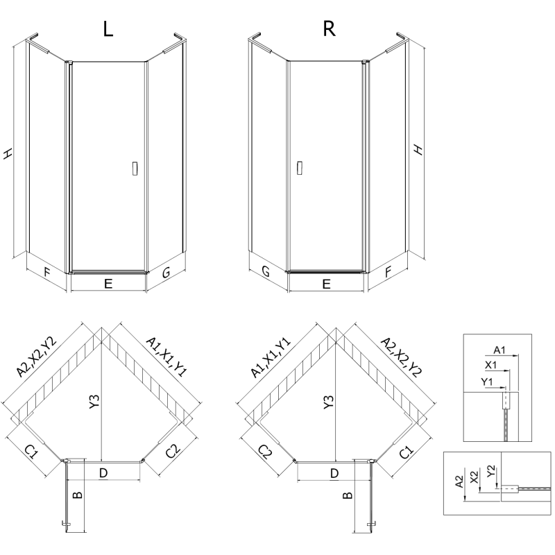 Mexen Mist L penkiakampė asimetrinė dešinė dušo kabina 80 x 90 cm, juodas tinklelis, juoda - 8A8L-080-090-70-77-P