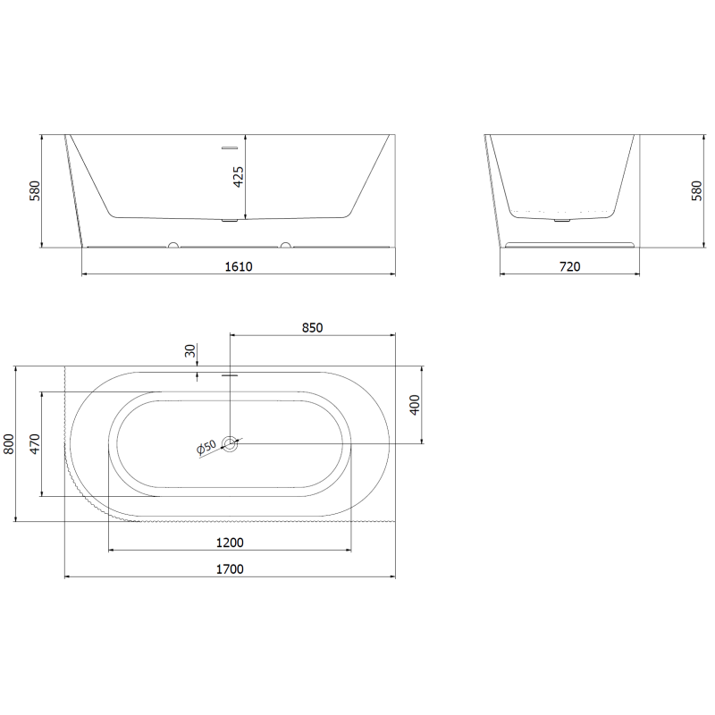 Mexen Silo laisvai stovinti rodyklinė dešinė rifliuota vonia 170 x 80 cm, balta/juoda, juodas persipylimas - 52891708075P-70