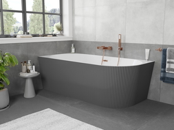 Mexen Silo Laisvai stovinti kampinė vonia kairioji, rifliuota 150 x 75 cm, balta/pilka, šlifuotas varinis persipylimas