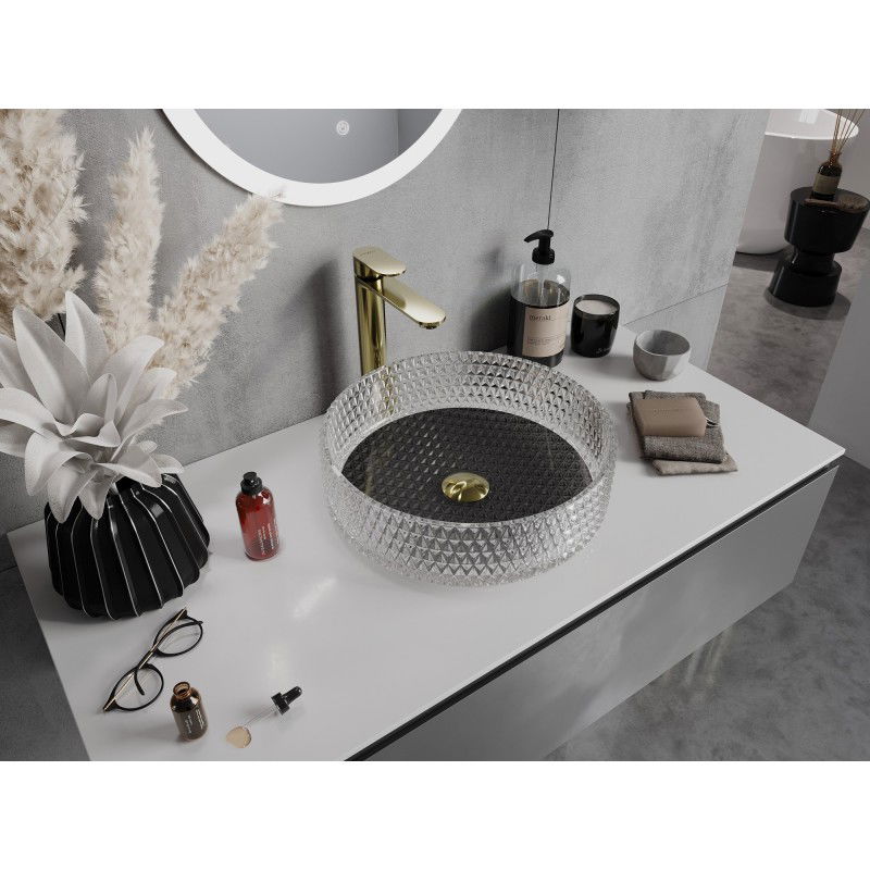 Mexen Aura stiklinis praustuvas ant stalviršio 39 x 39 cm, skaidrus/juodas - 24013971