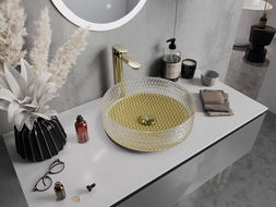 Mexen Aura stiklinis ant stalviršio pastatomas praustuvas 39 x 39 cm, permatomas/auksinis - 24013951