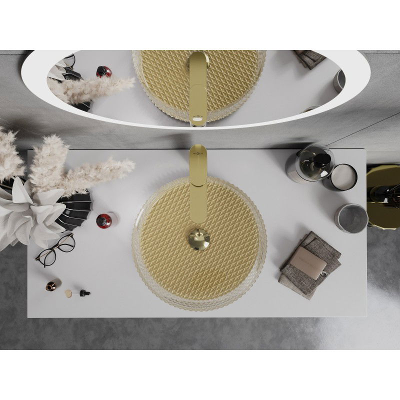 Mexen Aura stiklinis ant stalviršio pastatomas praustuvas 39 x 39 cm, permatomas/auksinis - 24013951