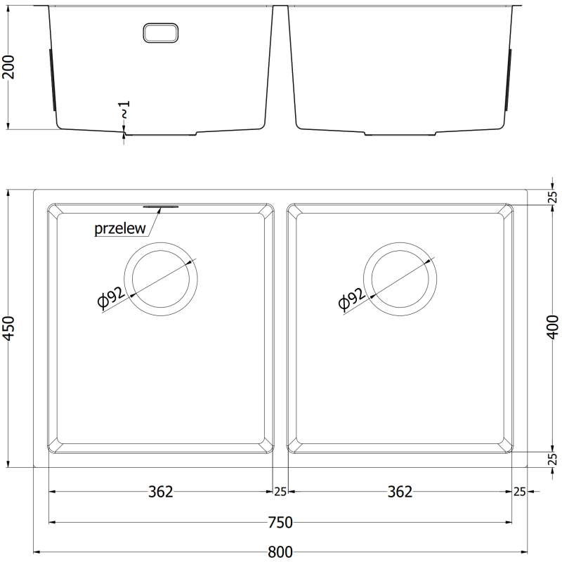 Mexen Binox nerūdijančio plieno dviejų kamerų plautuvė 800 x 450 mm, juoda HC - 6421802000-70HC