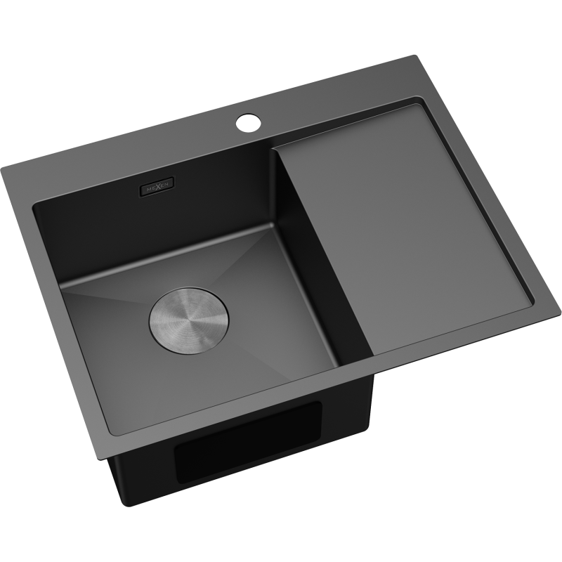 Mexen Exar plieninė virtuvės kriauklė su viena skyle ir nutekėjimu kairėje, 620 x 480 mm, juoda - 6431621005L-70