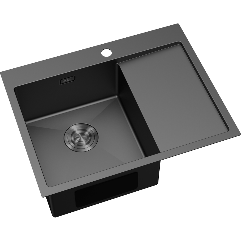 Mexen Exar plieninė virtuvės kriauklė su viena skyle ir nutekėjimu kairėje, 620 x 480 mm, juoda - 6431621005L-70