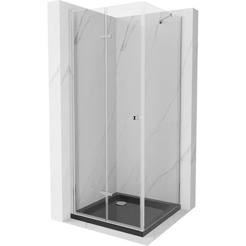 Mexen Lima sulankstoma dušo kabina 90 x 90 cm, skaidri, chromuota + Flat padėklas, juodas - 856-090-090-01-00-4070