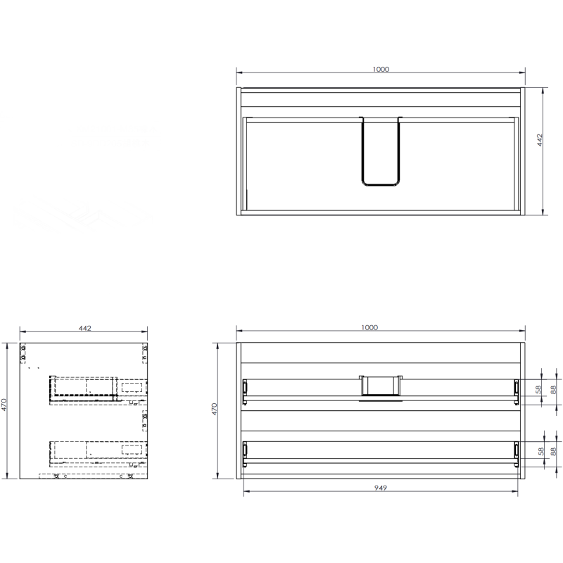 Mexen Rivel vonios spintelė po praustuvu 100 cm su stalviršiu, 2 stalčiai, rifliuota, juoda matinė - 91A20-10047-2-BFFC71