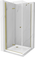 Mexen Lima sulankstoma dušo kabina 90 x 90 cm, skaidri, auksinė + dušo padėklas Flat - 856-090-090-50-00-4010