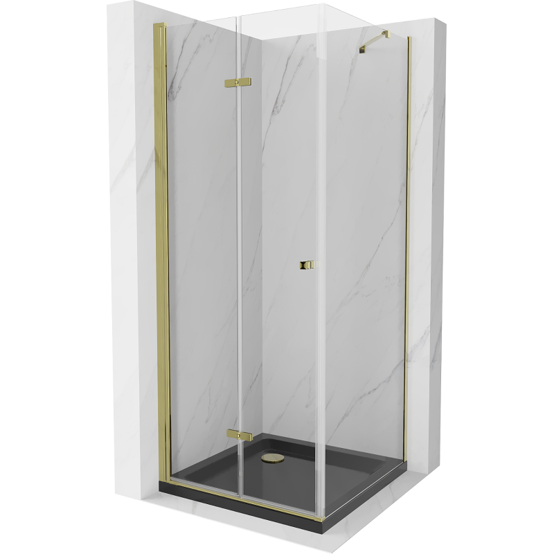 Mexen Lima sulankstoma dušo kabina 80 x 80 cm, skaidri, auksinė + Flat padėklas, juodas - 856-080-080-50-00-4070G