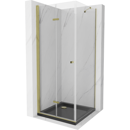 Mexen Lima sulankstoma dušo kabina 90 x 90 cm, permatoma, auksinė + lėkštelė Flat, juoda - 856-090-090-50-00-4070G