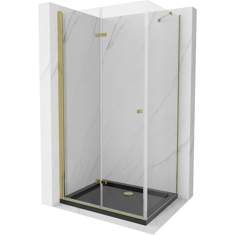 Mexen Lima sulankstoma dušo kabina 100 x 90 cm, permatoma, aukso + Flat dušo padėklas, juodas - 856-100-090-50-00-4070G