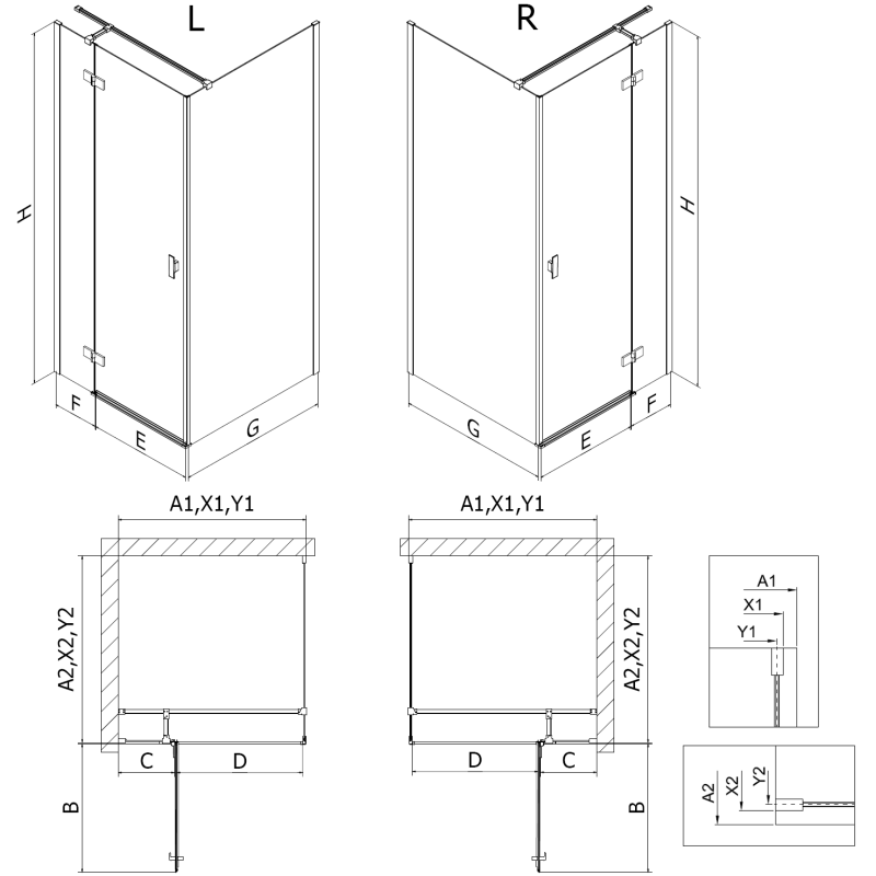 Mexen Mist-H T 90 x 90 cm į kairę atveriama dušo kabina, skaidri, chromas - 8A5T-090-090-01-00-L