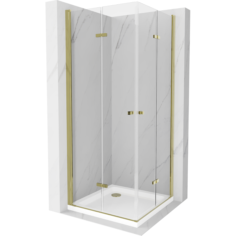 Mexen Lima Duo sulankstoma dušo kabina 80 x 80 cm, skaidri, auksinė + plokščias padėklas - 856-080-080-50-02-4010G