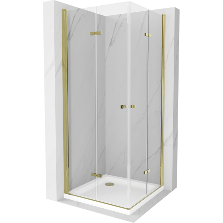 Mexen Lima Duo sulankstoma dušo kabina 80 x 80 cm, Skaidrus, Auksinė + dušo padėklas Flat - 856-080-080-50-02-4010G