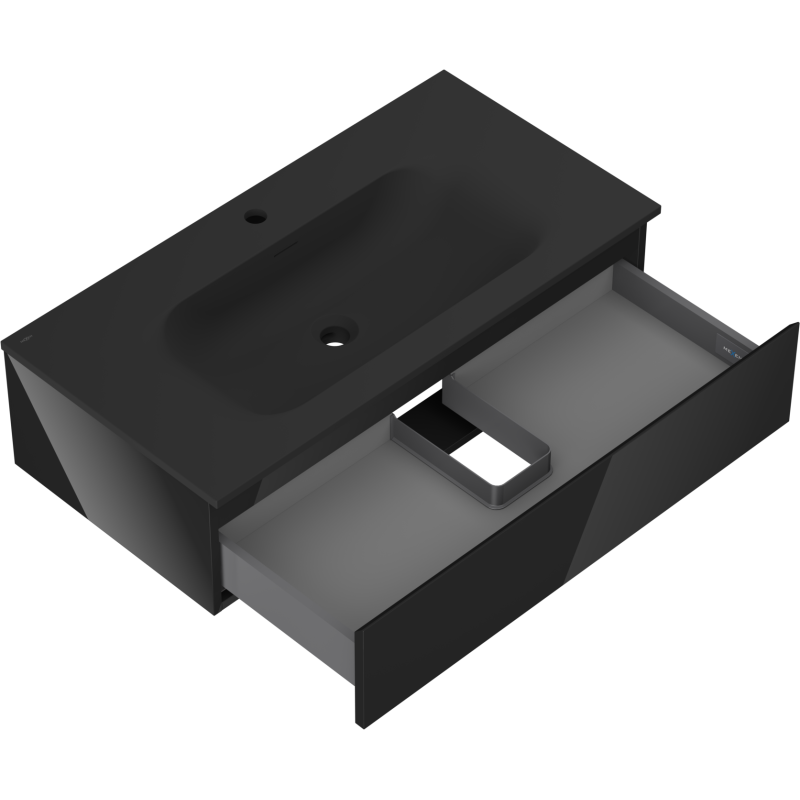 Mexen Orio vonios spintelė 90 cm su praustuvu Vela, 1 stalčius, blizgi juoda/matinė juoda - 91A10-09023-1-BF70-W23M71