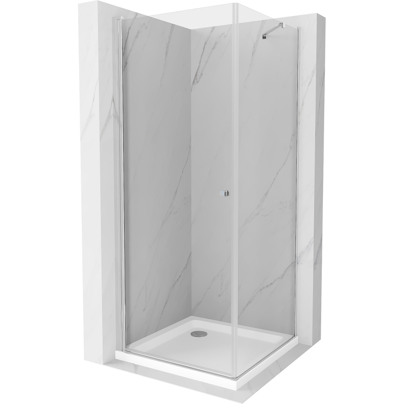 Mexen Pretoria dušo kabina, atveriama 90 x 90 cm, skaidri, chromuota + Flat dušo padėklas - 852-090-090-01-00-4010