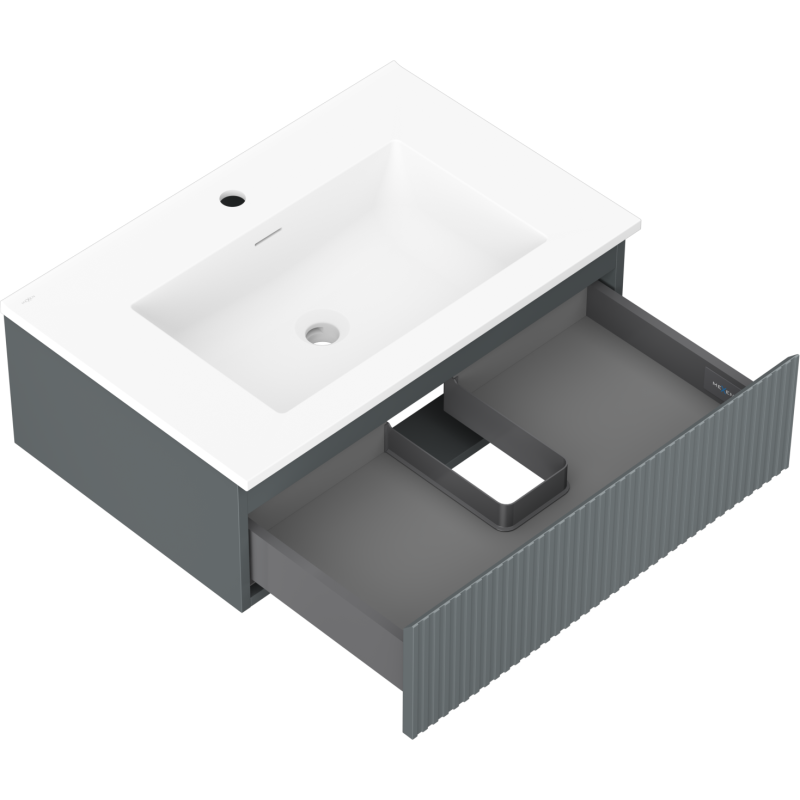 Mexen Rivel vonios kambario spintelė 70 cm su praustuvu Otis, 1 stalčius, gofruotas, grafito matinė / balta matinė