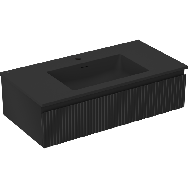 Mexen Rivel vonios spintelė 90 cm su Otis praustuvu, 1 stalčius, rifliuota, juoda matinė - 91A20-09023-1-BF71-W18M71