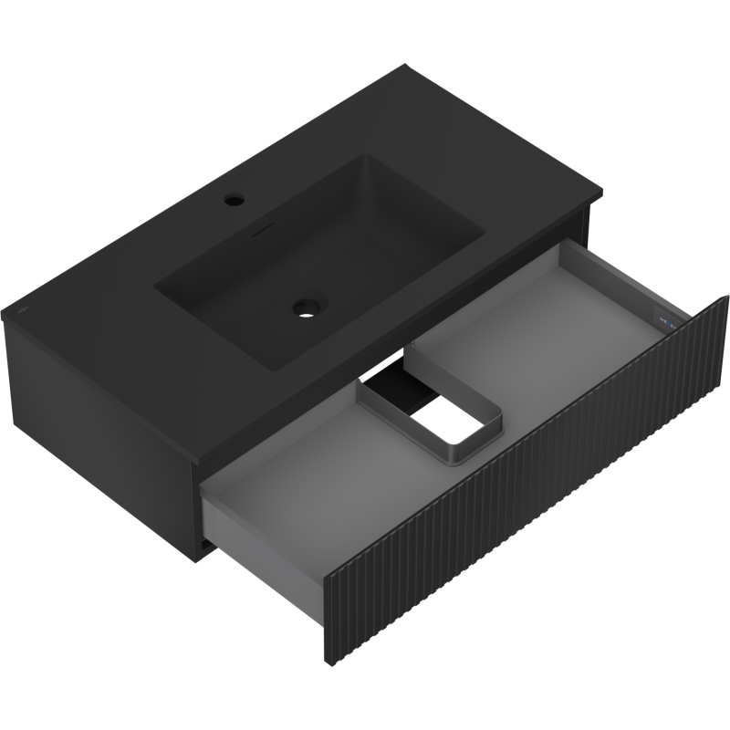 Mexen Rivel vonios spintelė 90 cm su Otis praustuvu, 1 stalčius, rifliuota, juoda matinė - 91A20-09023-1-BF71-W18M71