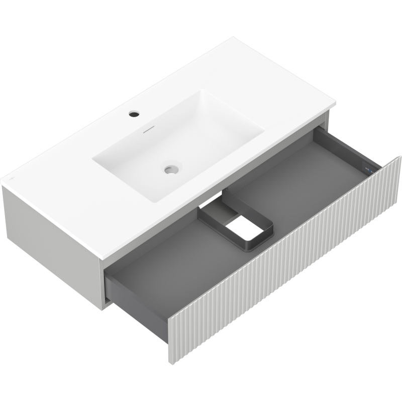 Mexen Rivel vonios spintelė Otis su 100 cm praustuvu, 1 stalčius, rifliuotas, pilkai matinė/baltai matinė