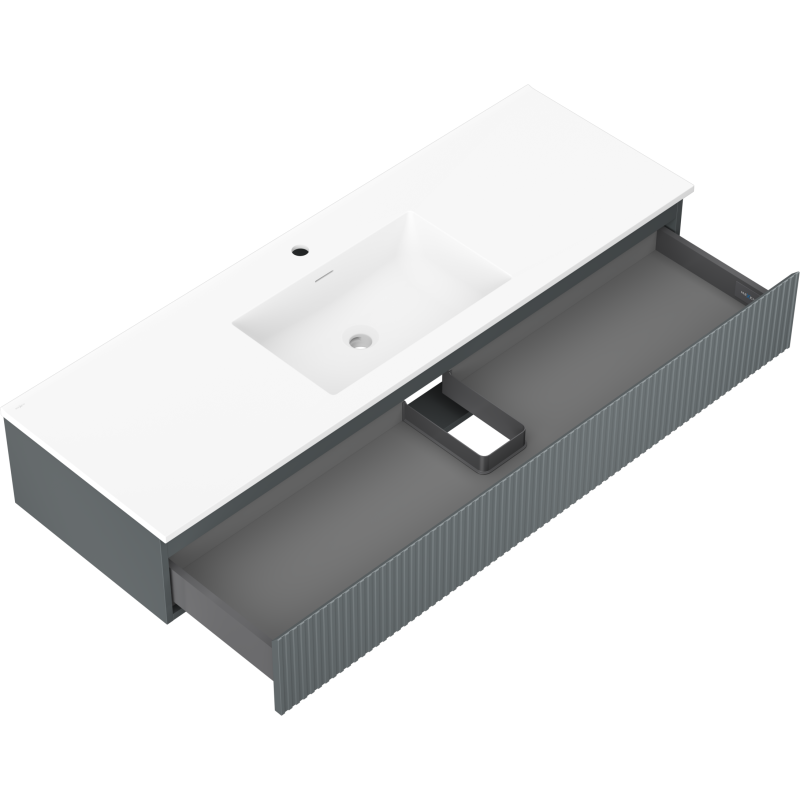 Mexen Rivel 140 cm pločio vonios spintelė su kriaukle Otis, 1 stalčius, rifliuotas, grafito matinis/baltas matinis -