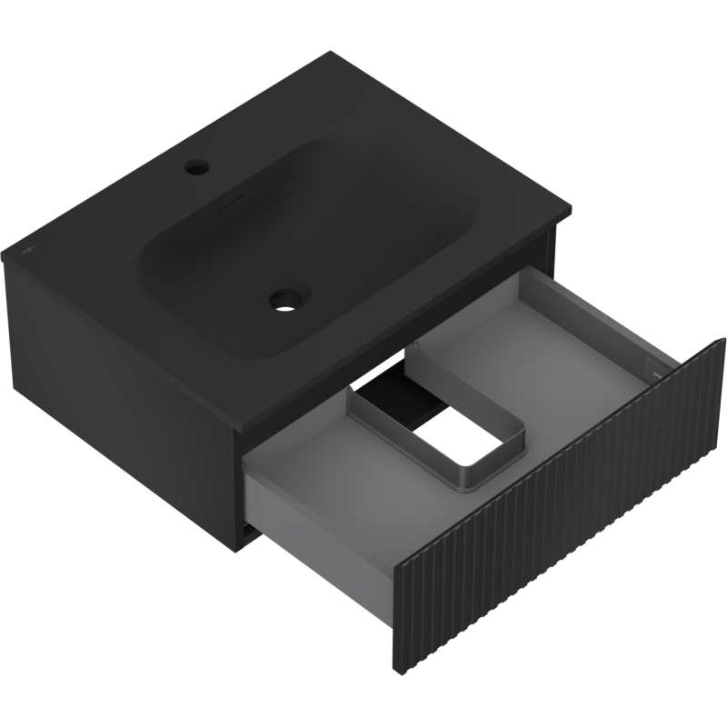 Mexen Rivel vonios kambario spintelė 60 cm su praustuvu Vela, 1 stalčius, rifliuota, juoda mat - 91A20-06023-1-BF71-W23M71