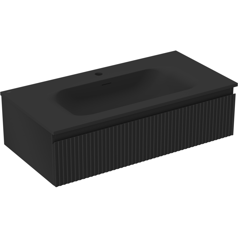 Mexen Rivel vonios spintelė 90 cm su praustuvu Vela, 1 stalčius, grioveliuota, juoda matinė - 91A20-09023-1-BF71-W23M71