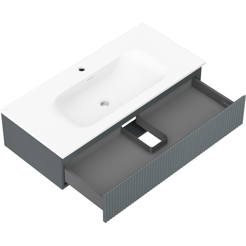 Mexen Rivel 100 cm pločio vonios spintelė su praustuvu Vela, 1 stalčius, rifliuota, grafito mat/balta mat