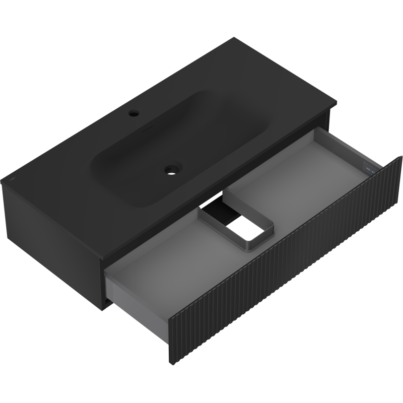 Mexen Rivel vonios spintelė 100 cm su Vela praustuvu, 1 stalčius, rifliuotas, juodas matinis - 91A20-10023-1-BF71-W23M71