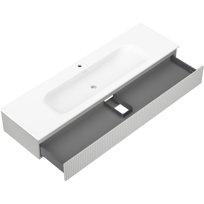 Mexen Rivel voniaus spintelė 140 cm su kriaukle Vela, 1 stalčius, grioveliai, pilka matinė/balta matinė