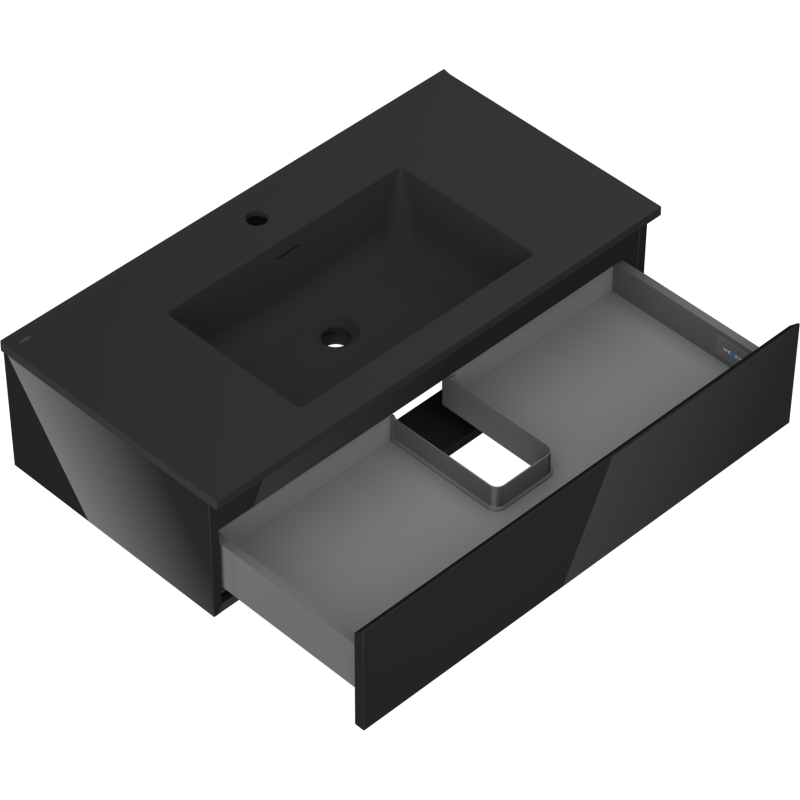 Mexen Orio vonios spintelė 90 cm su praustuvu Otis, 1 stalčius, juoda blizgi/juoda matinė - 91A10-09023-1-BF70-W18M71