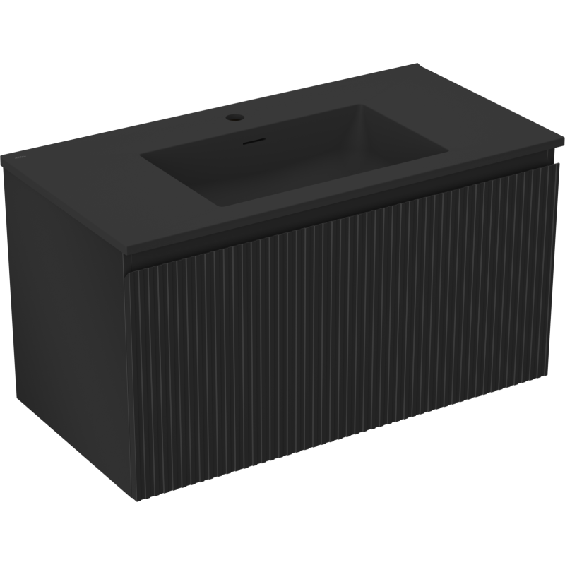 Mexen Rivel vonios spintelė 90 cm su praustuvu Otis, 1 stalčius, grioveliais, juoda matinė - 91A20-09047-1-BF71-W18M71