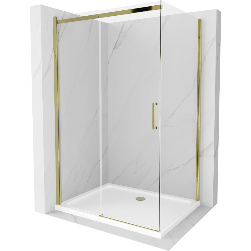 Mexen Omega 120 x 100 cm stumdomas dušo kabinas, skaidrus, auksinis + lėkštės plokščiasis - 825-120-100-50-00-4010