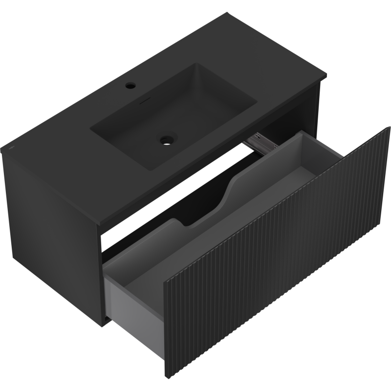 Mexen Rivel Vonios spintelė 100 cm su praustuvu Otis, 1 stalčius, rifliuota, matinė juoda - 91A20-10047-1-BF71-W18M71