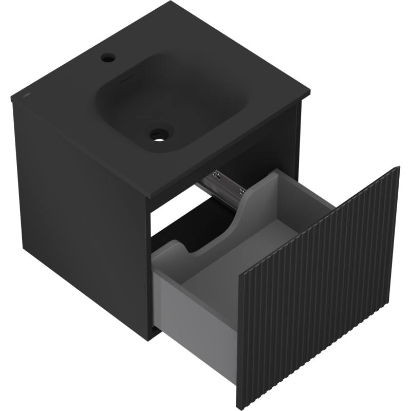 Mexen Rivel vonios spintelė 50 cm su Vela kriaukle, 1 stalčius, rifliuota, juoda matinė - 91A20-05047-1-BF71-W23M71