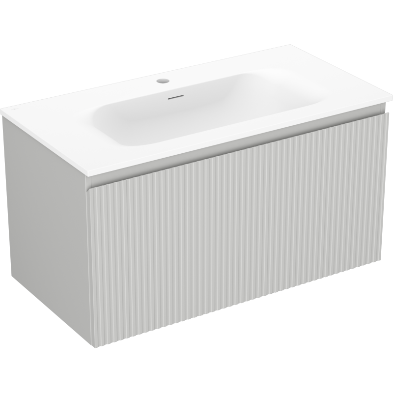 Mexen Rivel vonios kambario spintelė 90 cm su praustuvu Vela, 1 stalčius, briaunotas, pilka matinė/balta matinė