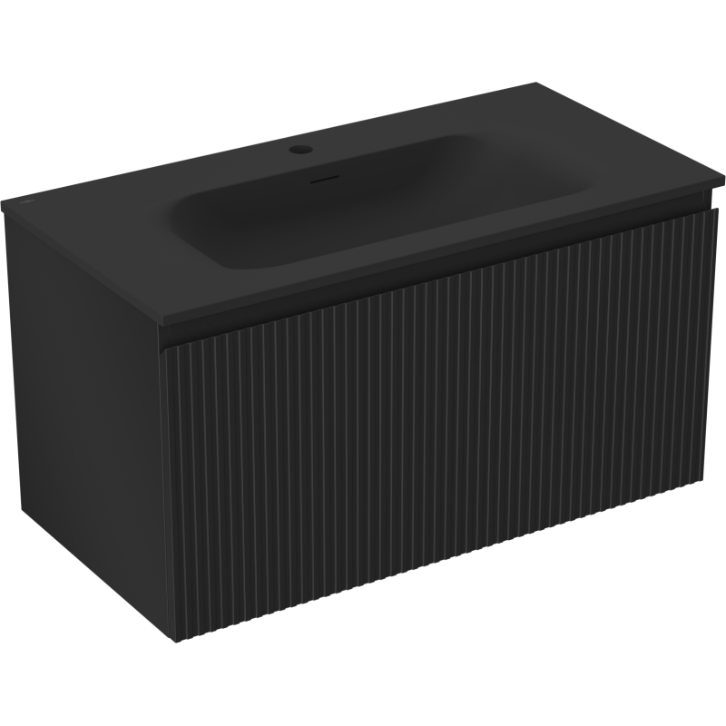 Mexen Rivel vonios spintelė 90 cm su Vela kriaukle, 1 stalčius, rifliuota, juoda matinė - 91A20-09047-1-BF71-W23M71