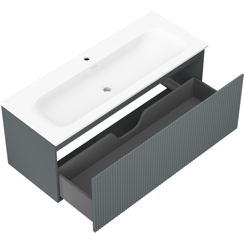 Mexen Rivel vonios spintelė 120 cm su praustuvu Vela, 1 stalčius, rifliuotas, grafito matas/balta matas -